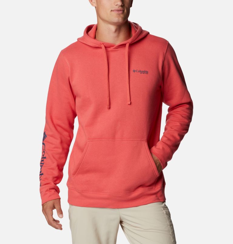 Thumbnail: Men's PFG Sleeve II Graphic Hoodie, Color: Sunset Red, Collegiate Navy Logo, image 1