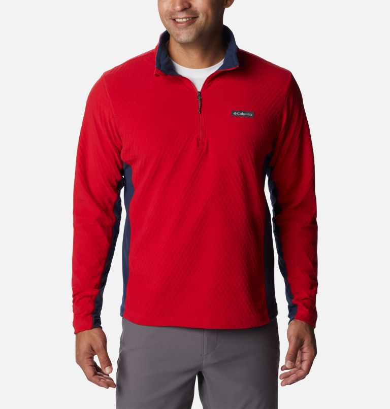 Thumbnail: Men's Overlook Pass Half Zip Shirt, Color: Mountain Red, Collegiate Navy, image 1