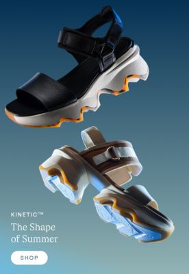 image of sorel kinetic sandals floating on a gradient background