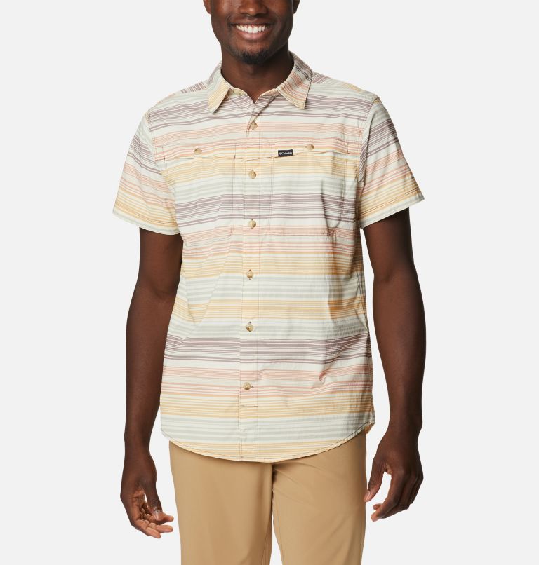 Men's Newton Ridge Plaid Short Sleeve Shirt, Color: Light Raisin Striped Sunset, image 1
