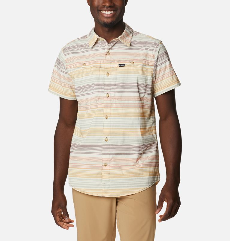 Thumbnail: Men's Newton Ridge Plaid Short Sleeve Shirt, Color: Light Raisin Striped Sunset, image 1