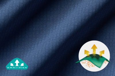 Close up of fabric with the Omni Wick logo in the bottom left and a graphic showing how moisture evaporates from the fabric's surface.