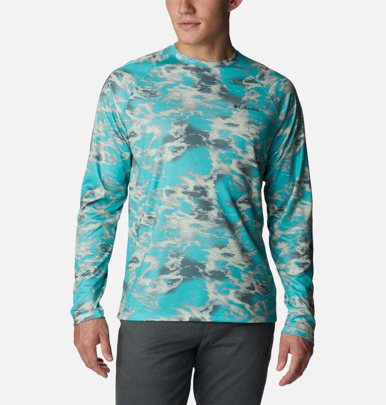 Men's Summerdry Printed Long Sleeve Shirt, Color: Bright Aqua Natureal Waves, image 1