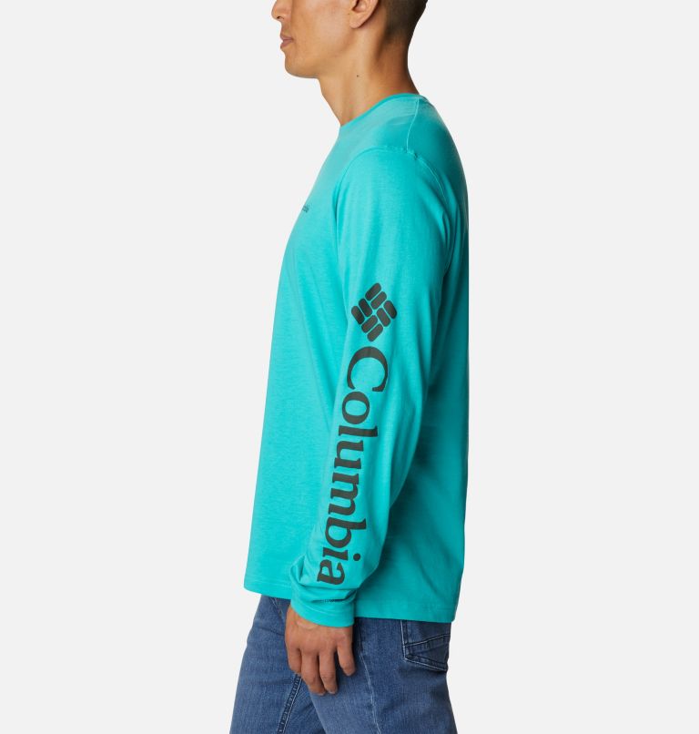 Thumbnail: Men's Thistletown Hills Long Sleeve Logo T-Shirt, Color: Bright Aqua, image 3