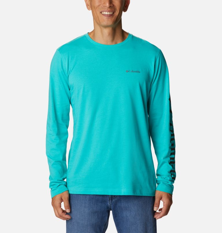 Thumbnail: Men's Thistletown Hills Long Sleeve Logo T-Shirt, Color: Bright Aqua, image 1