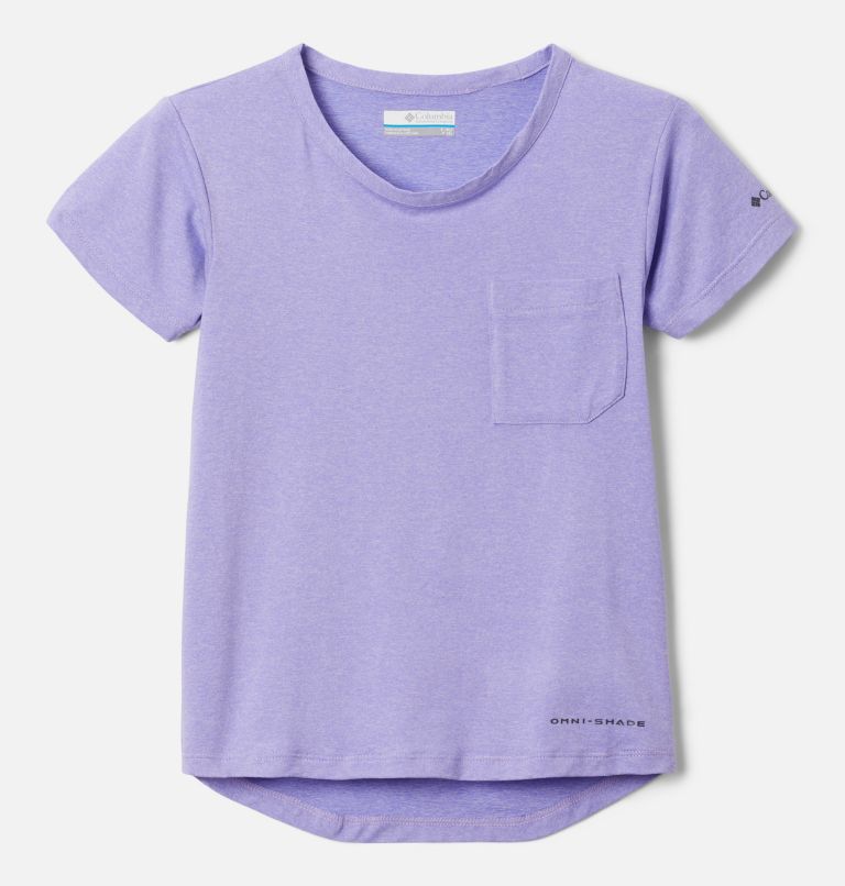 Thumbnail: Tech Trail Kurzarm-T-Shirt für Mädchen, Color: Morning Mist Hthr, Paisley Purple Hthr, image 1