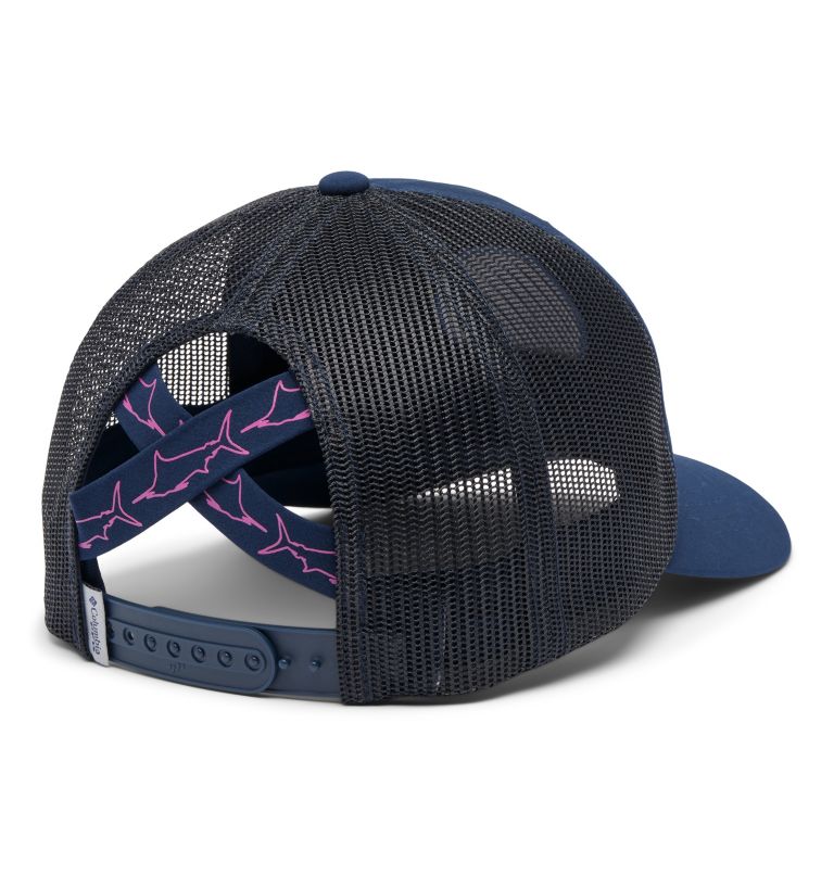 Women's PFG Ponytail Patch Snapback, Color: Collegiate Navy, PFG 3 Palms, image 2