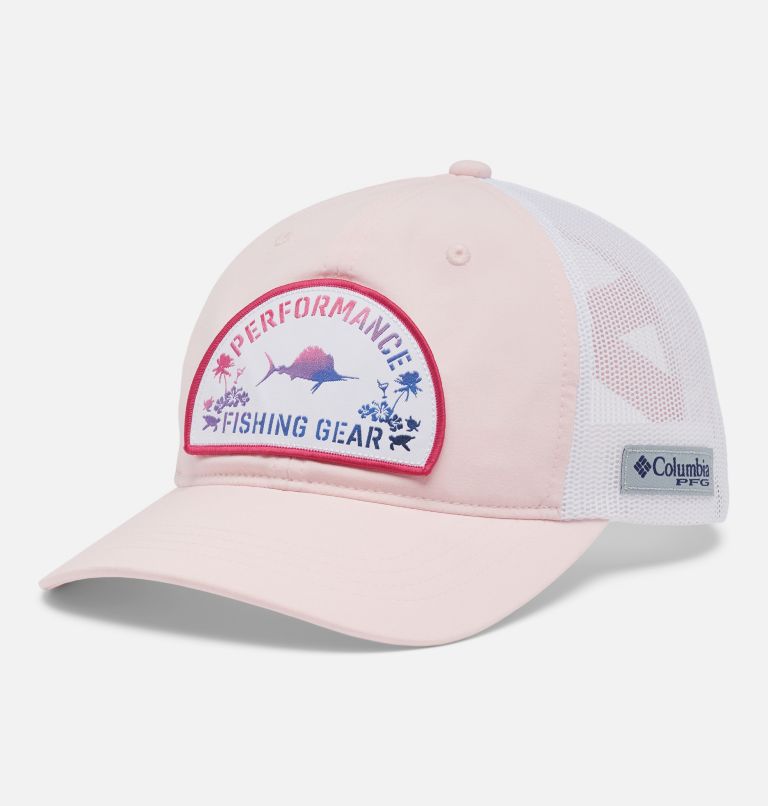 Thumbnail: PFG Women's Ponytail Patch Snap Back | 608 | O/S, Color: Satin Pink, Fish Friends, image 1
