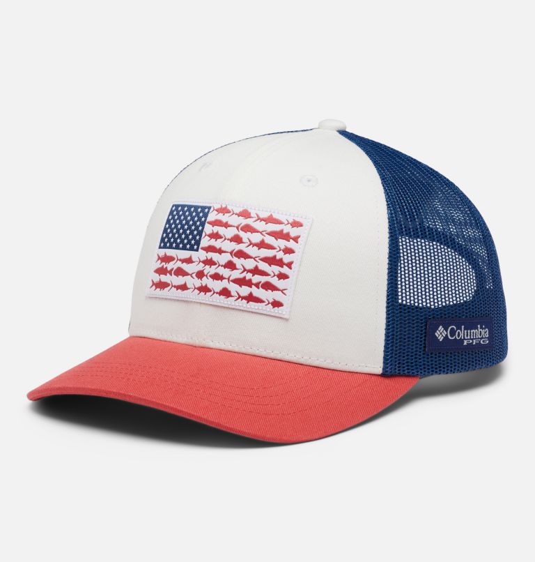 PFG Women's Fish Flag Snap Back | 100 | O/S, Color: White, Sunset Red, Carbon, Fish Flag, image 1
