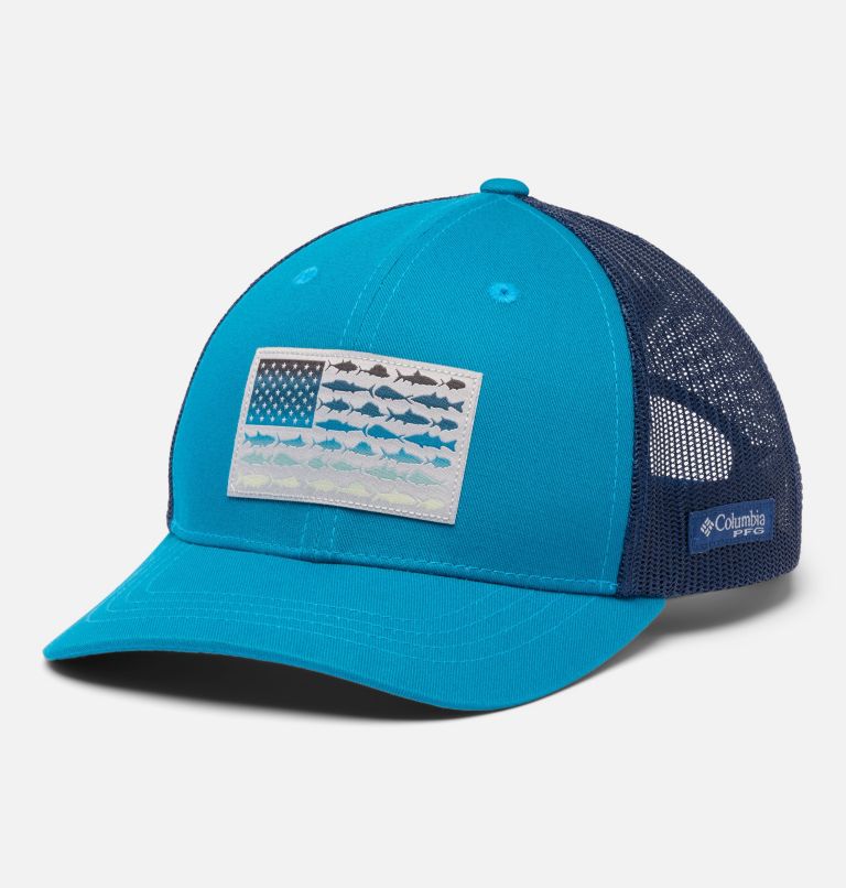 Kids’ PFG Fish Flag Snapback Cap, Color: Blue Echo, Carbon, image 1