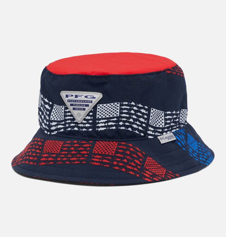 Thumbnail: Kids' PFG Bucket Hat, Color: Collegiate Navy Flag Stripe, Red Spark, image 1