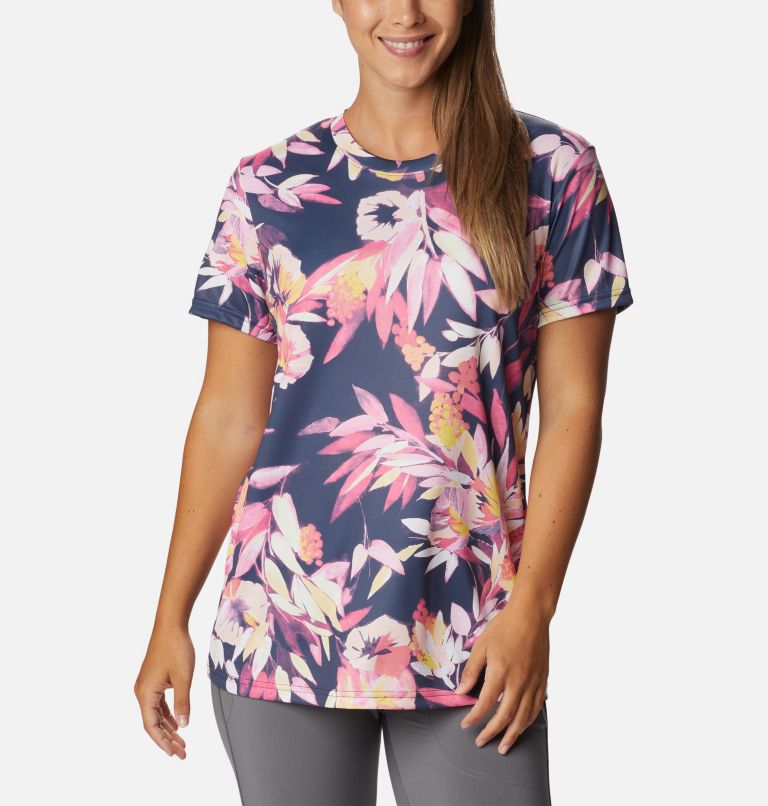 Women's Fork Stream Techical Printed T-Shirt, Color: Wild Geranium, Wisterian, image 1