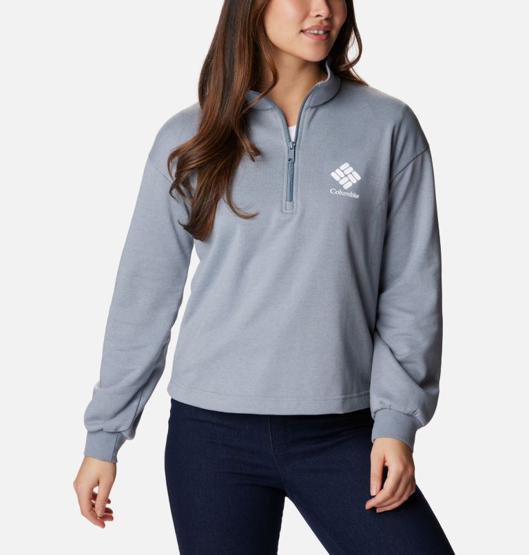 Thumbnail: Women's Columbia Logo French Terry Half Zip Pullover, Color: Light Grey Heather, White Logo, image 5