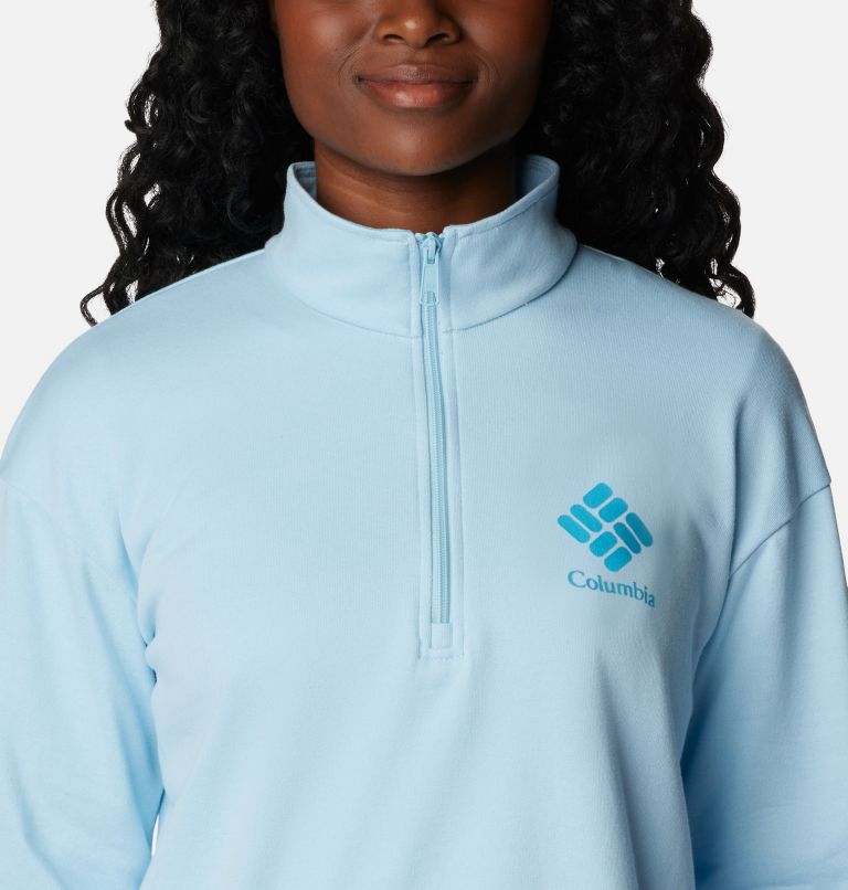 Women's Columbia Logo French Terry Half Zip Pullover, Color: Spring Blue, Atoll Logo, image 3