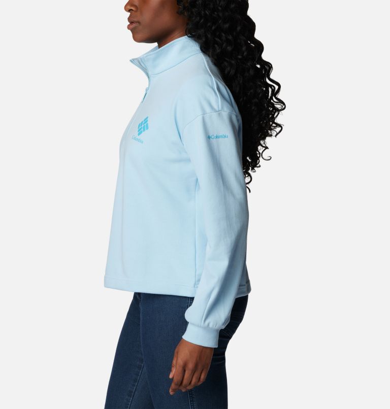 Women's Columbia Logo French Terry Half Zip Pullover, Color: Spring Blue, Atoll Logo, image 4