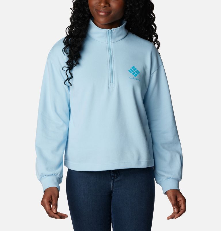 Women's Columbia Logo French Terry Half Zip Pullover, Color: Spring Blue, Atoll Logo, image 5