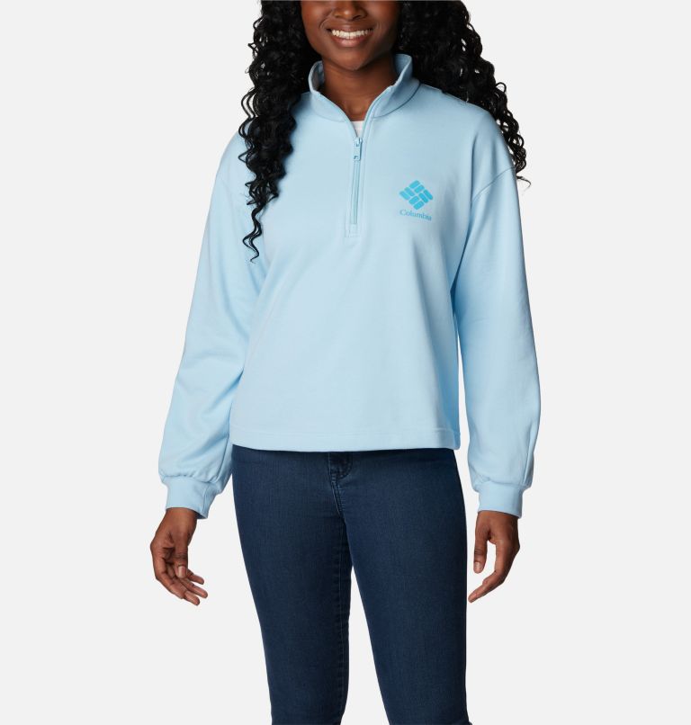 Thumbnail: Women's Columbia Logo French Terry Half Zip Pullover, Color: Spring Blue, Atoll Logo, image 1