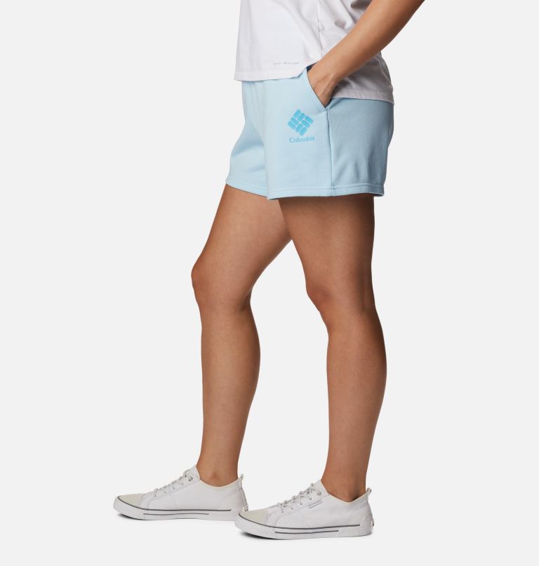 Women's Columbia Logo III French Terry Shorts, Color: Spring Blue, Atoll Logo, image 3
