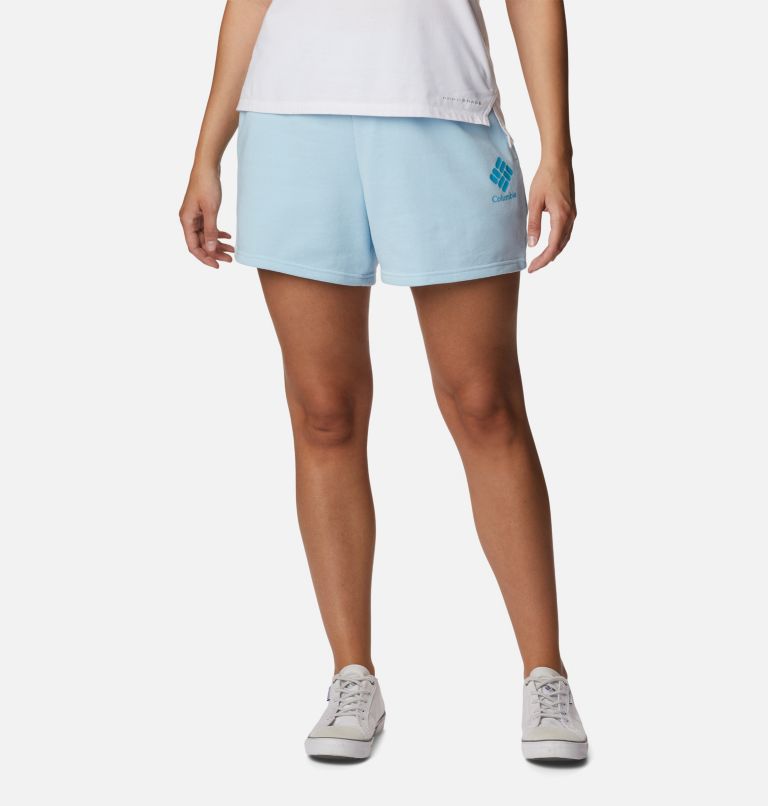 Women's Columbia Logo III French Terry Shorts, Color: Spring Blue, Atoll Logo, image 1