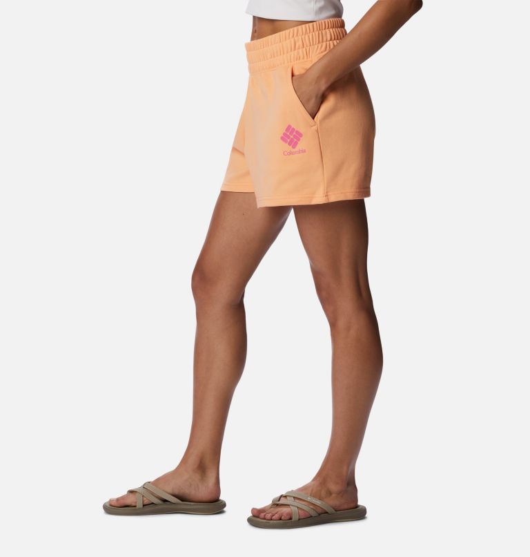 Women's Columbia Logo III French Terry Women's Shorts, Color: Peach, Wild Geranium Logo, image 3