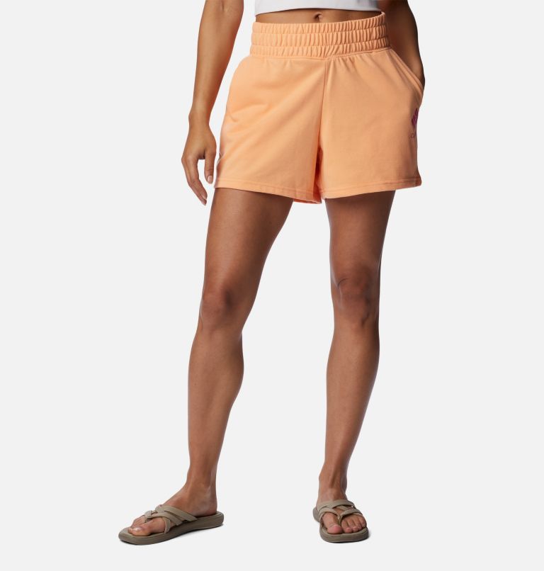 Women's Columbia Logo III French Terry Women's Shorts, Color: Peach, Wild Geranium Logo, image 1