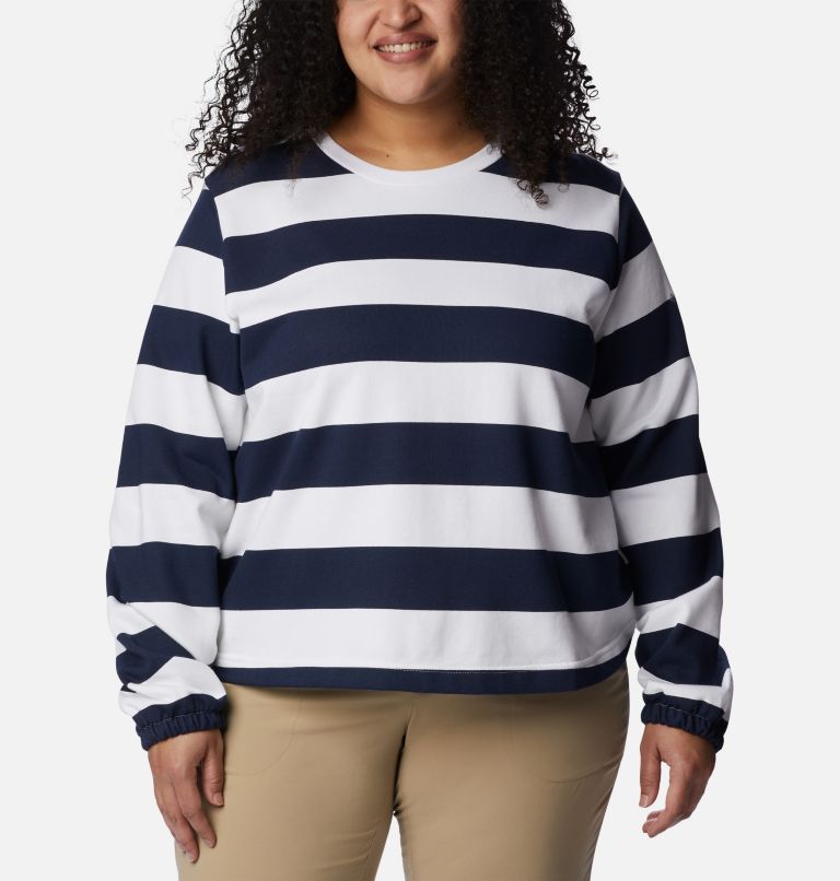 Thumbnail: Women's Columbia Trek French Terry Graphic Crew - Plus Size, Color: Collegiate Navy, Rugby Stripe, image 1