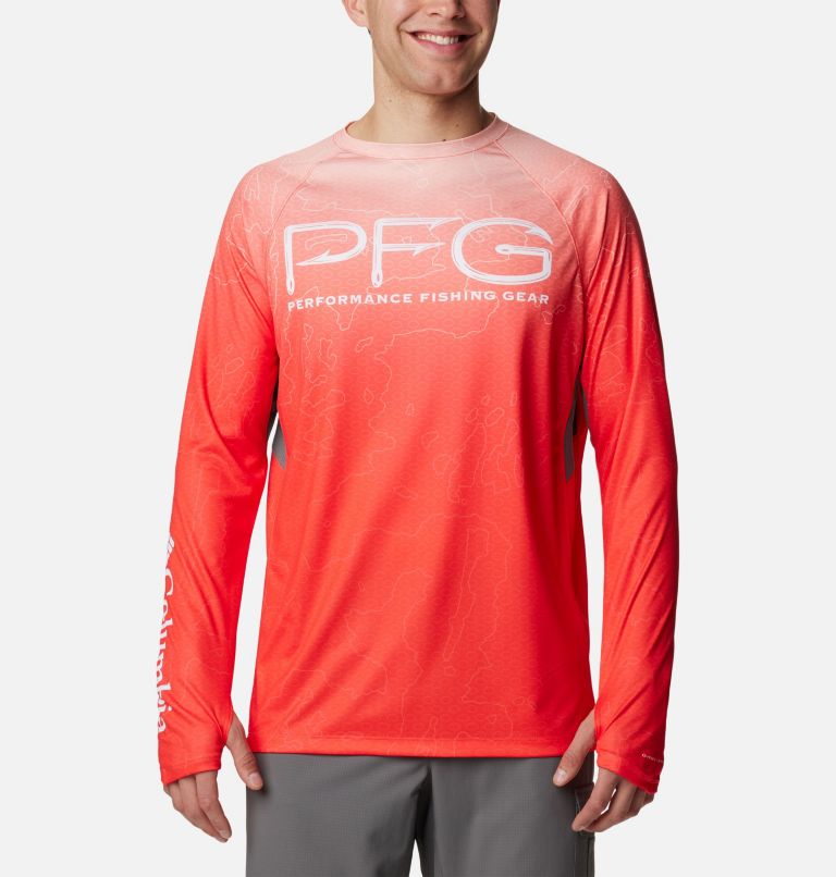 Thumbnail: Men's PFG Super Terminal Tackle Vent Long Sleeve Shirt, Color: Bright Poppy Terminal Techcamo,City Grey, image 1