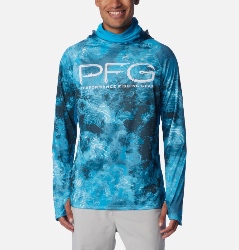 COLUMBIA Mens Medium PFG Performance Fishing Gear Logo Shortsleeve Blue  Shirt