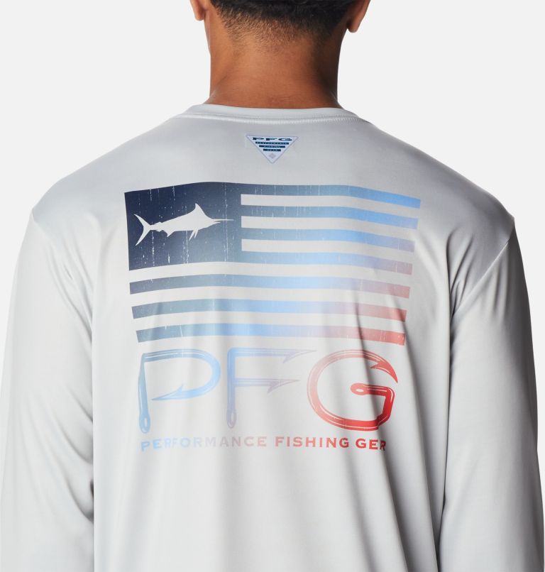 Men's PFG Terminal Tackle Fish Star Long Sleeve Shirt, Color: Cool Grey, Coll Navy Marlin Gradient, image 5