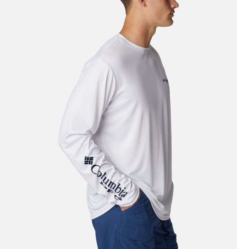Men's PFG Terminal Tackle Fish Star Long Sleeve Shirt, Color: White, Coll Navy Trout Gradient, image 3