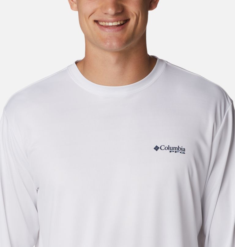 Men's PFG Terminal Tackle Fish Star Long Sleeve Shirt, Color: White, Coll Navy Trout Gradient, image 4