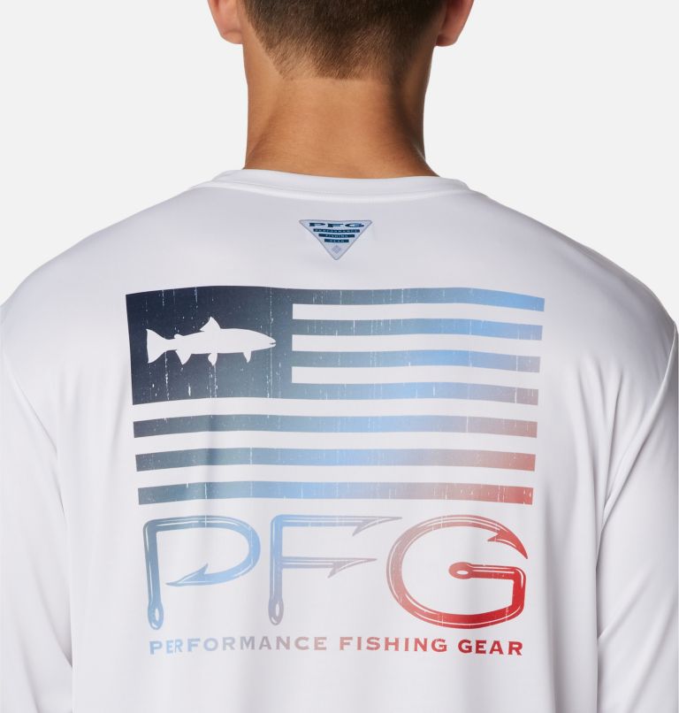 Men's PFG Terminal Tackle Fish Star Long Sleeve Shirt, Color: White, Coll Navy Trout Gradient, image 5