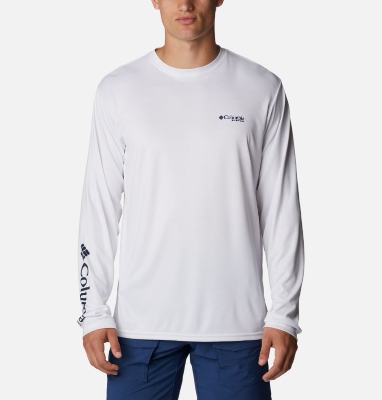 Men's PFG Terminal Tackle Fish Star Long Sleeve Shirt, Color: White, Coll Navy Trout Gradient, image 2
