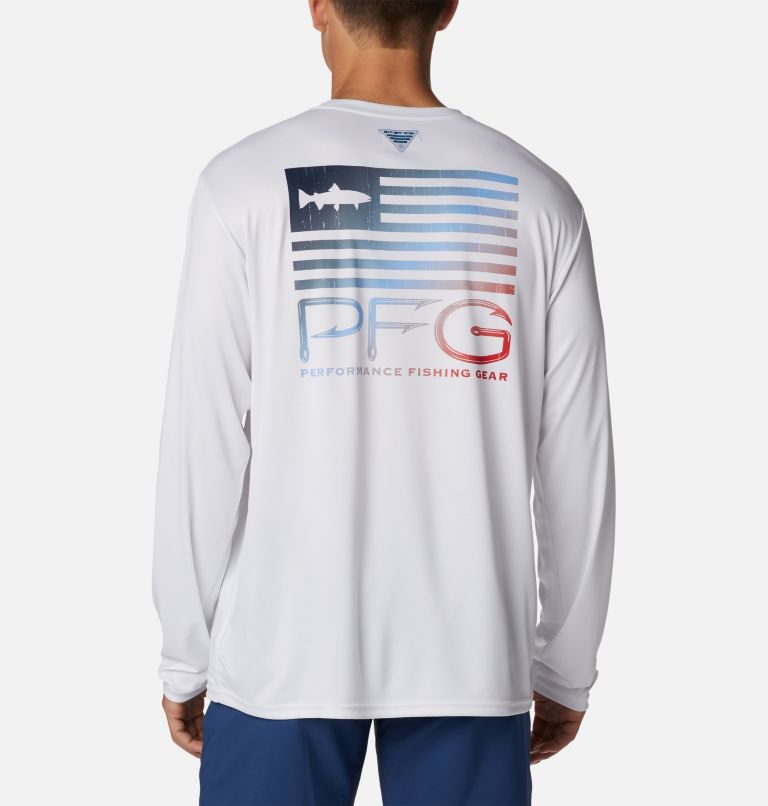 Men's PFG Terminal Tackle Fish Star Long Sleeve Shirt, Color: White, Coll Navy Trout Gradient, image 1