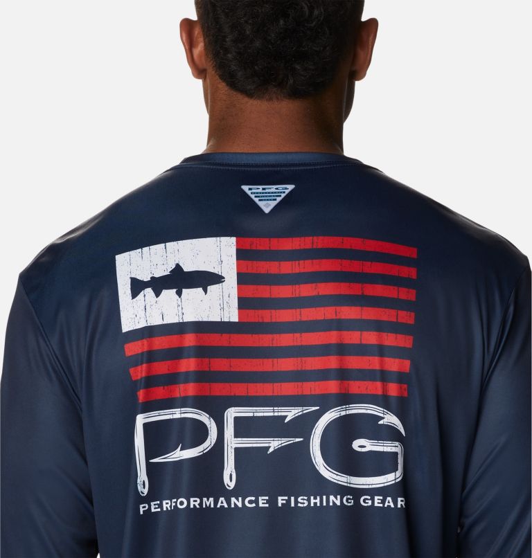 Men's PFG Terminal Tackle Fish Star Long Sleeve Shirt, Color: Collegiate Navy, White Trout, image 5