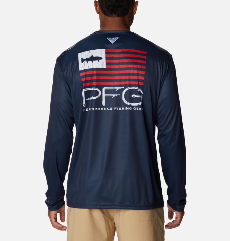Men's PFG Terminal Tackle Fish Star Long Sleeve Shirt, Color: Collegiate Navy, White Trout, image 2