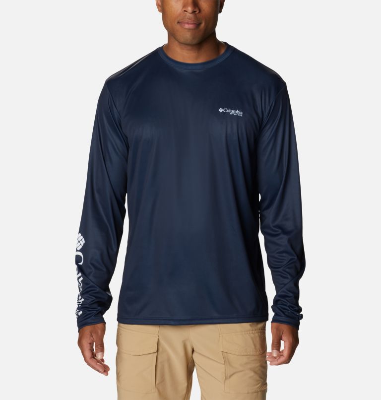 Men's PFG Terminal Tackle Fish Star Long Sleeve Shirt, Color: Collegiate Navy, White Trout, image 1