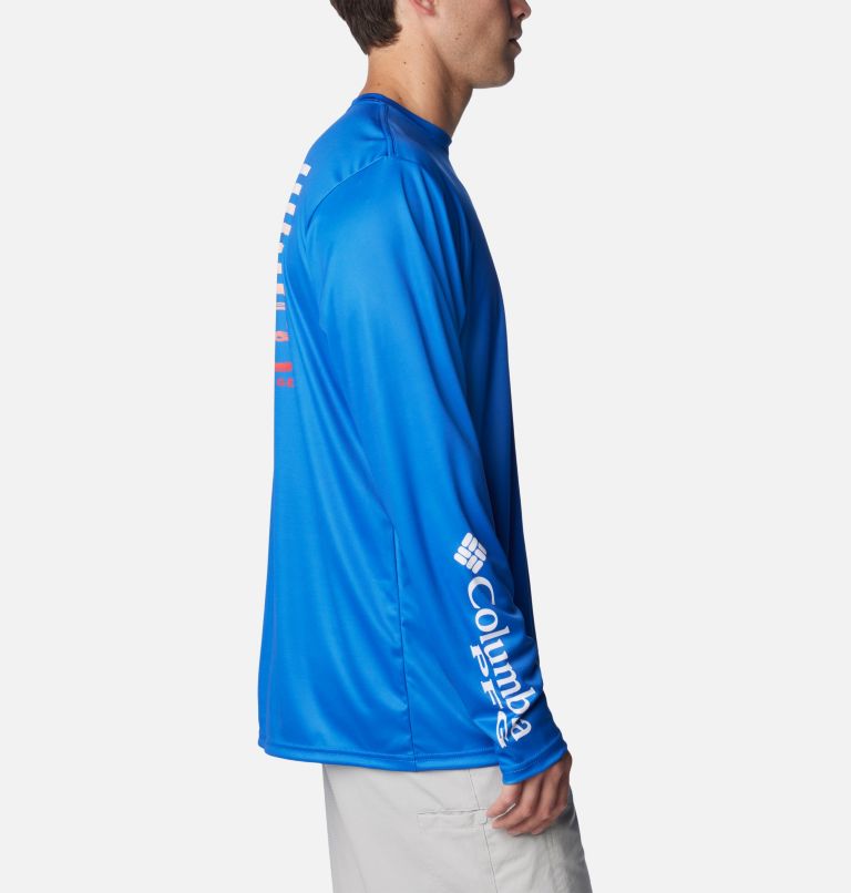 Men's PFG Terminal Tackle Fish Star Long Sleeve Shirt, Color: Vivid Blue, Coll Navy Marlin Gradient, image 3