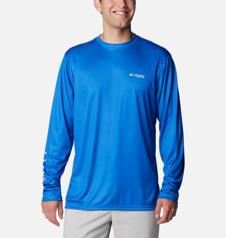 Men's PFG Terminal Tackle Fish Star Long Sleeve Shirt, Color: Vivid Blue, Coll Navy Marlin Gradient, image 2