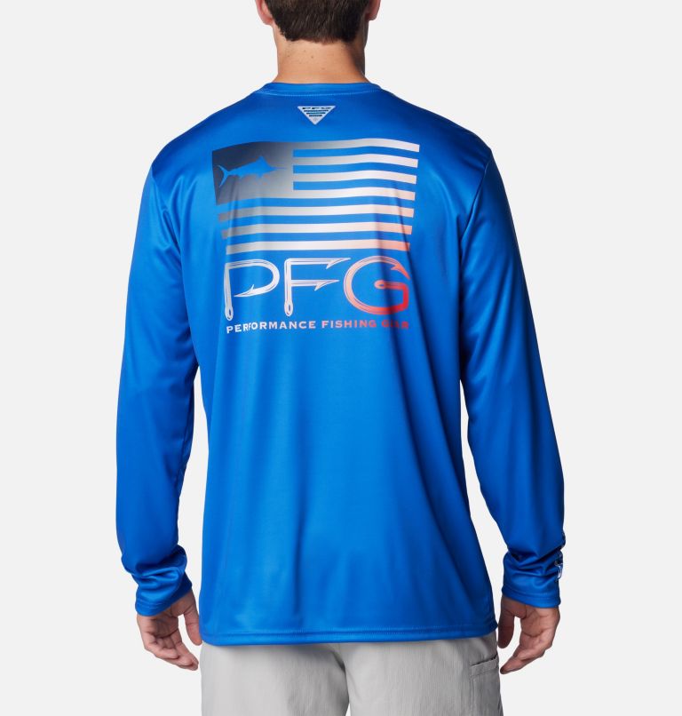 Men's PFG Terminal Tackle Fish Star Long Sleeve Shirt, Color: Vivid Blue, Coll Navy Marlin Gradient, image 1