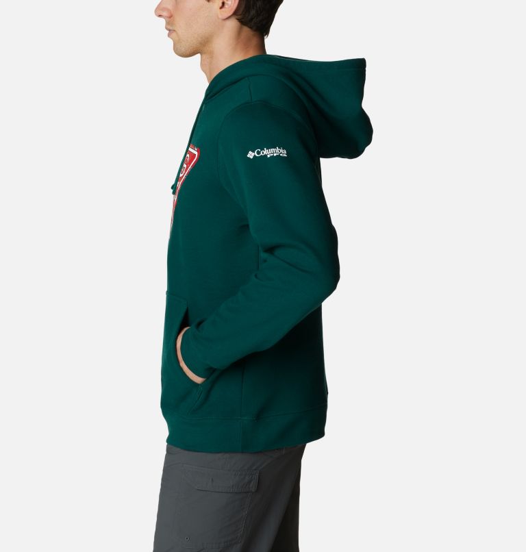 Men's PFG Hooks Fill Hoodie, Color: Dark Ivy, Red Spark Reel Joy, image 3