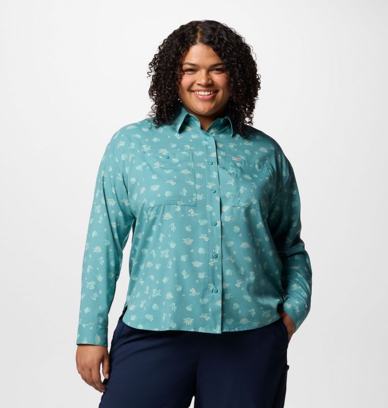 Women's Silver Ridge Utility Patterned Long Sleeve Shirt - Plus Size, Color: Teal Deserted, image 1