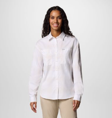 Women's Silver Ridge Utility Patterned Long Sleeve Shirt, Color: White Large Blur Check, image 1