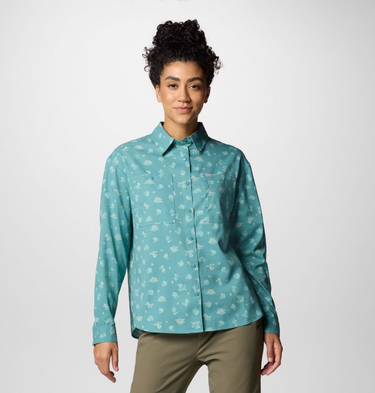 Women's Silver Ridge Utility Patterned Long Sleeve Shirt, Color: Teal Deserted, image 1