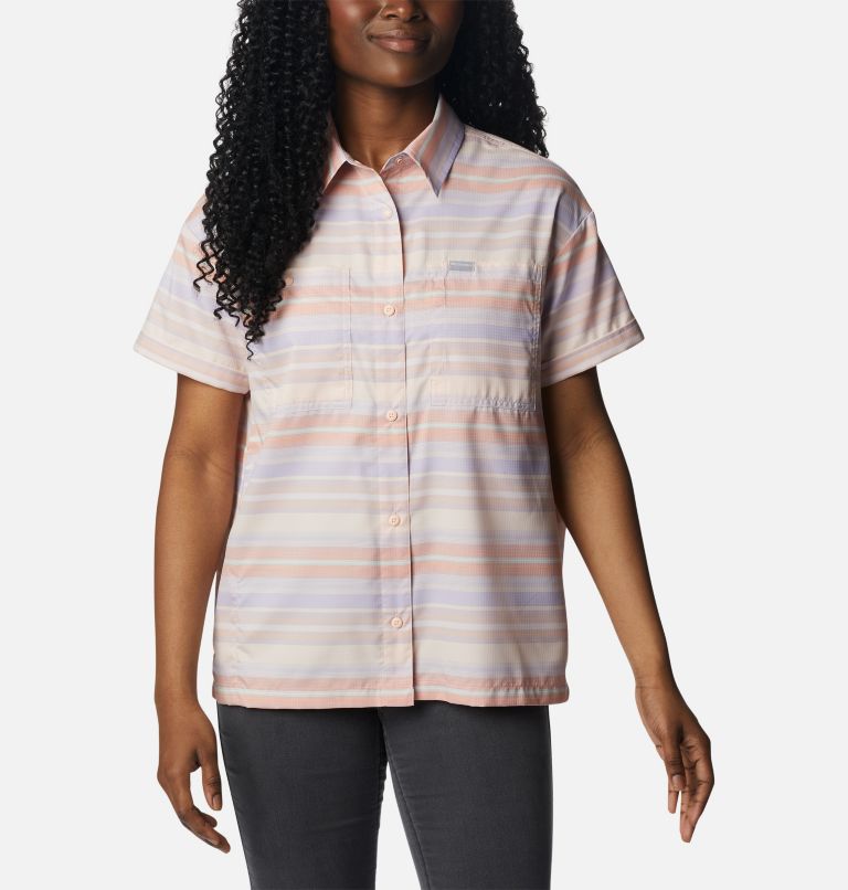 Women's Silver Ridge Utility Short Sleeve Shirt, Color: Peach, Painted Hills Stripe, image 1
