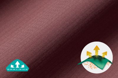 Close-up of fabric with the Omni Wick logo in the bottom left and a graphic showing how moisture evaporates from the fabric's surface.