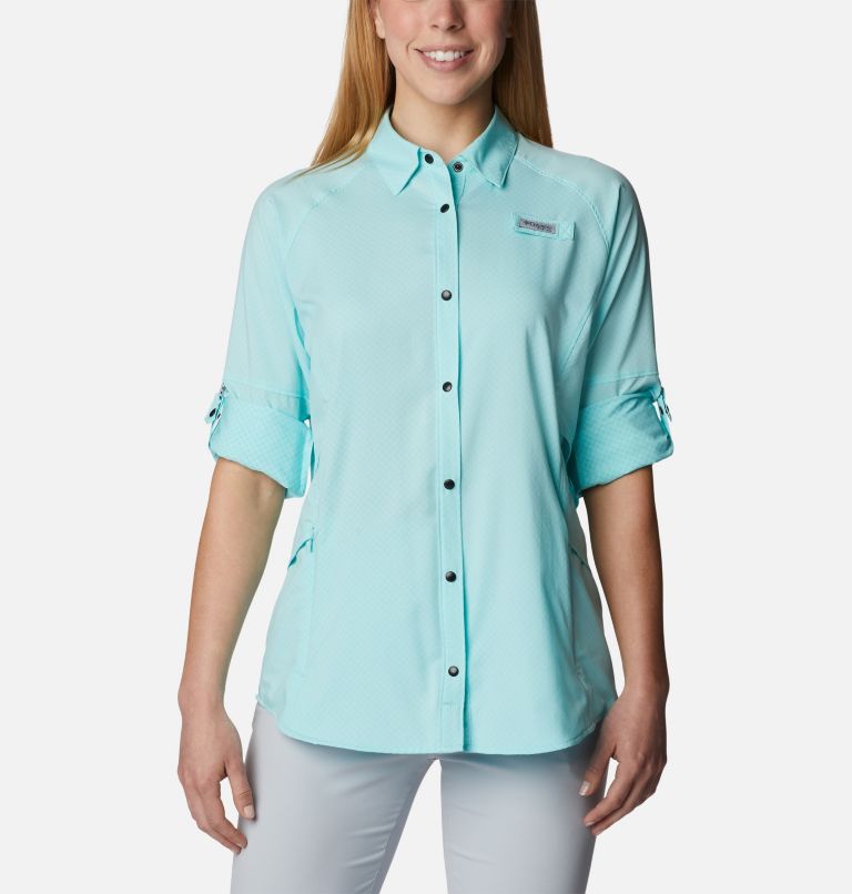 Women's PFG Cool Release Airgill Long Sleeve Shirt, Color: Gulf Stream, image 9