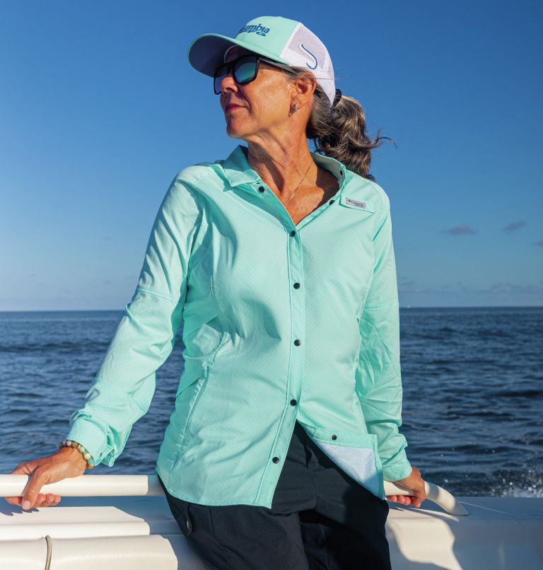 Women's PFG Cool Release Airgill Long Sleeve Shirt, Color: Gulf Stream, image 11