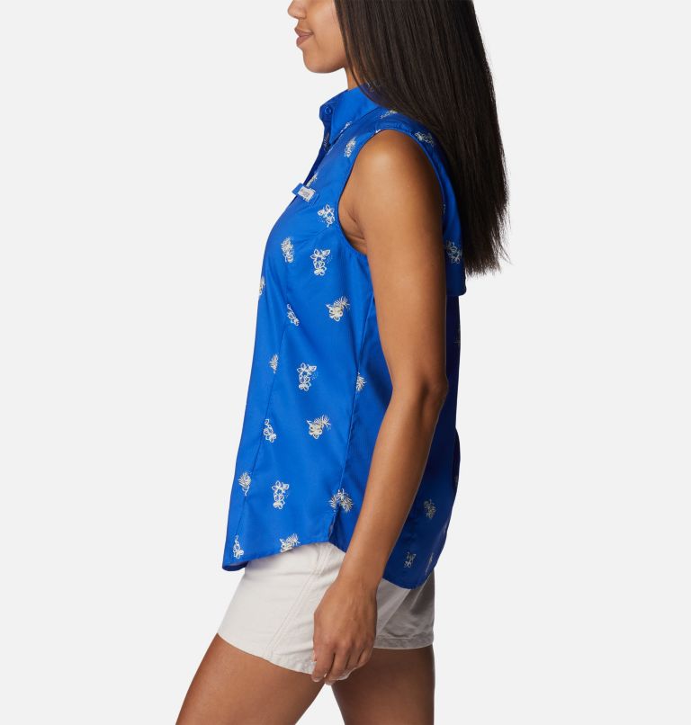 Women’s PFG Super Tamiami Sleeveless Shirt, Color: Blue Macaw Bouquet Foray, image 3
