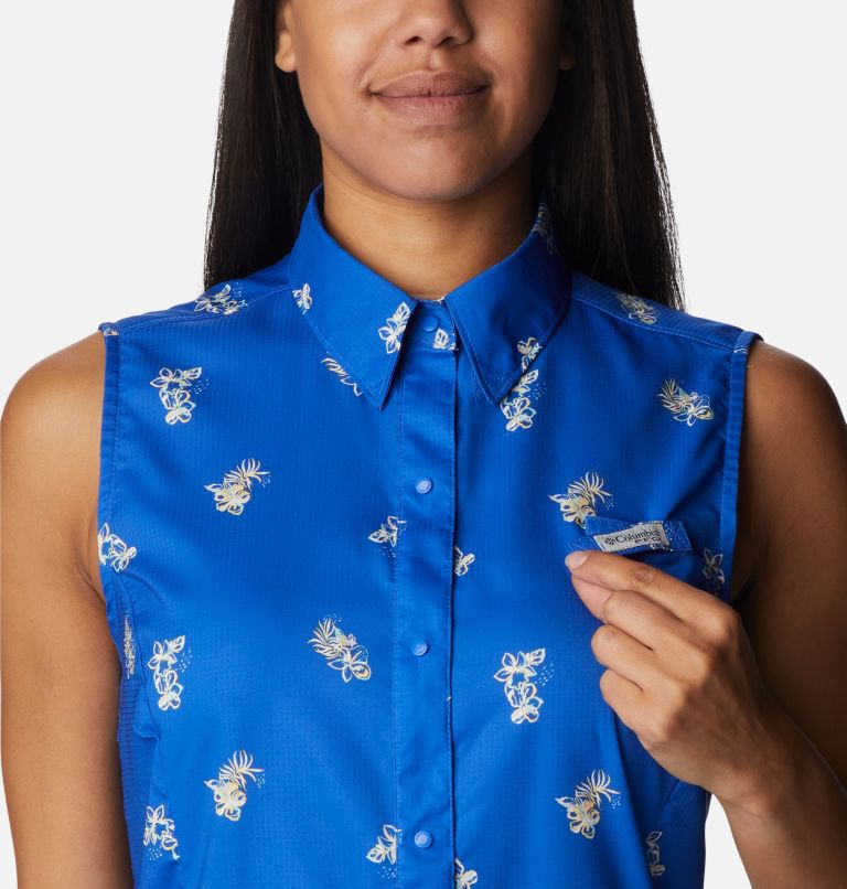 Women’s PFG Super Tamiami Sleeveless Shirt, Color: Blue Macaw Bouquet Foray, image 4